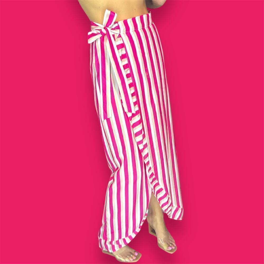 Pink Striped Ruffle Trim Tie Side Wrap Hem Skirt